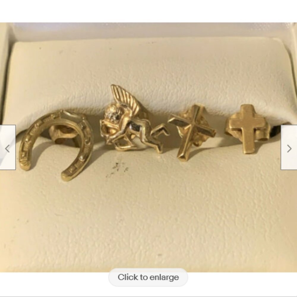 (4) 14k Yellow Gold Single Stud Earrings Horseshoe Cross Cherub